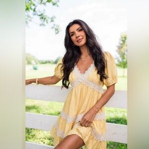 NWOT Pink  Lily yellow/ cream lace ruffle dress